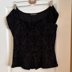 Black Floral Blouse with velvet raised design, peplum style